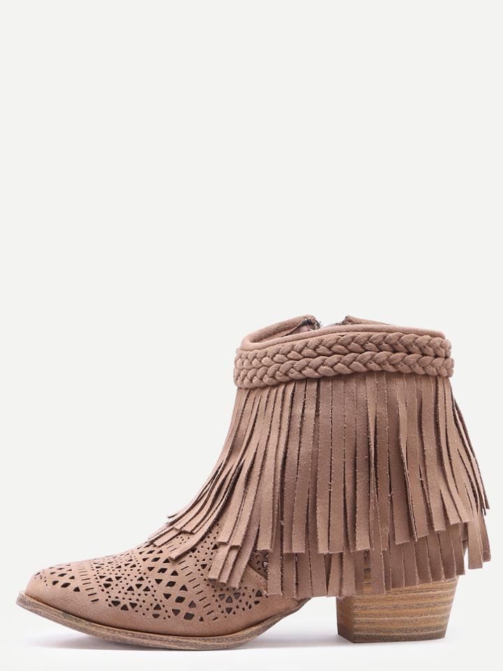 Shein Khaki Faux Suede Laser-cut Fringe Boots