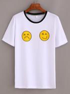 Shein Contrast Neck Emoji Print T-shirt - White