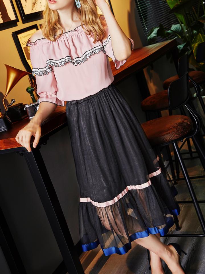 Shein Boat Neck Flounce Top With Gauze Skirt