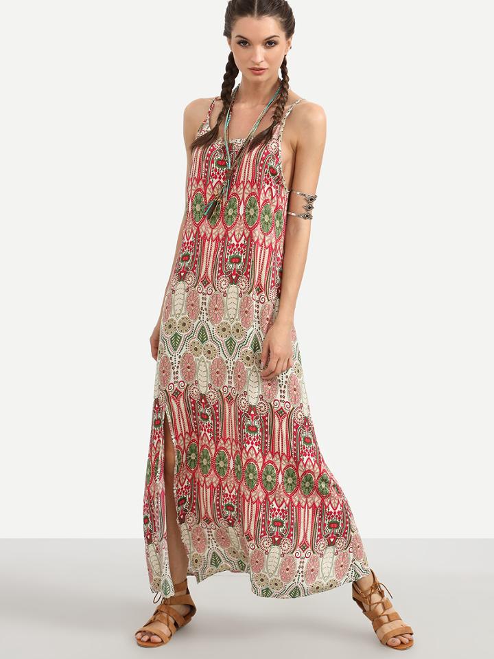 Shein Vintage Print Spaghetti Strap Split Maxi Dress