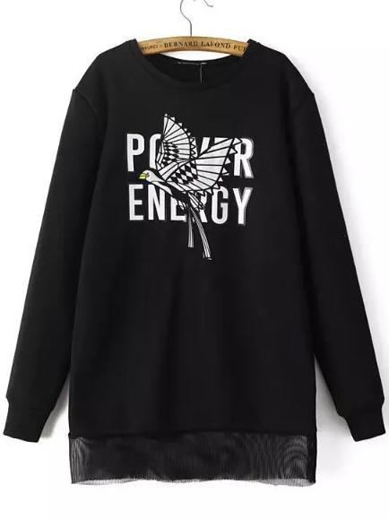 Shein Black Round Neck Bird Embroidered Sweatshirt