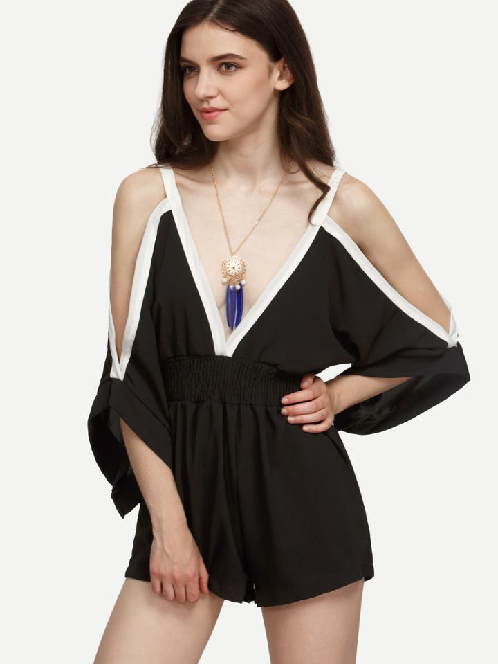 Shein Black Double V Neck Cold Shoulder Shirred Romper