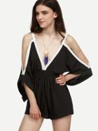 Shein Black Double V Neck Cold Shoulder Shirred Romper