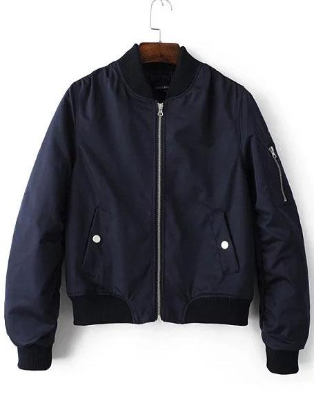 Shein Navy Zipper Up Flight Jacket With Pockets