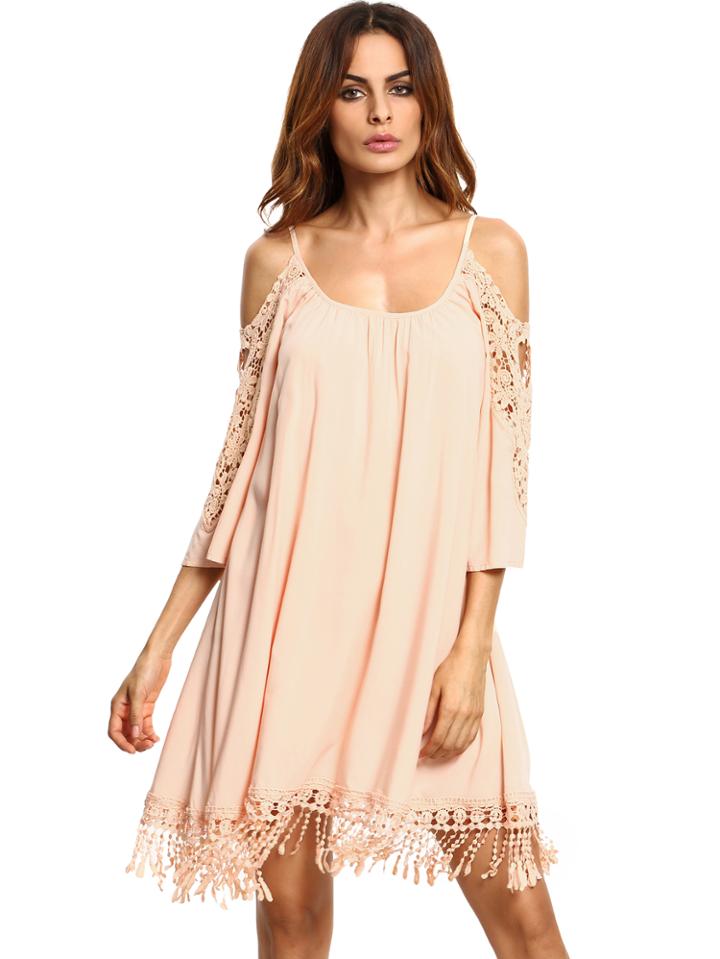 Shein Apricot Open Shoulder Crochet Lace Sleeve Tassel Dress
