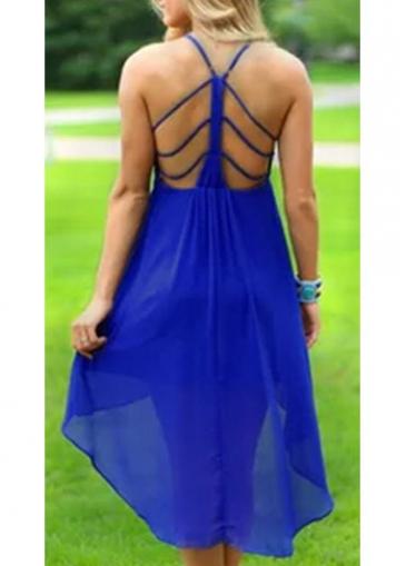 Rosewe Spaghetti Strap Open Back Blue Asymmetric Dress