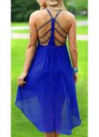 Rosewe Spaghetti Strap Open Back Blue Asymmetric Dress