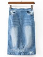 Shein Blue Pockets Zipper Denim Bodycon Knee Skirt