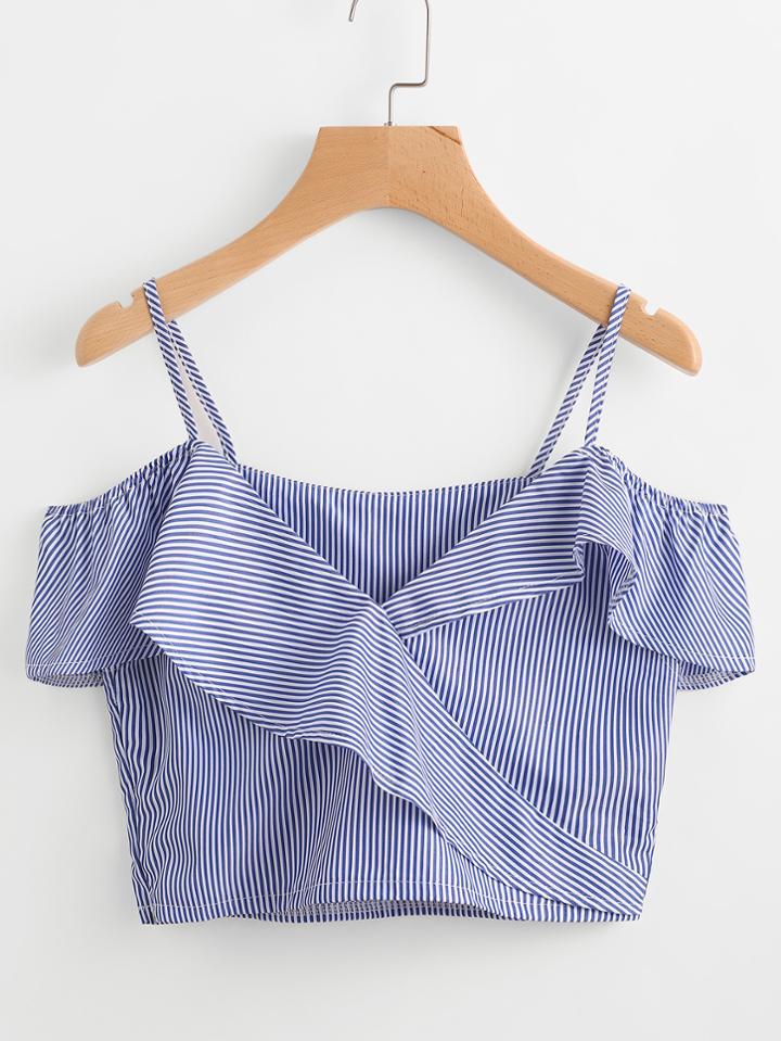 Shein Cold Shoulder Pinstripe Frill Trim Top