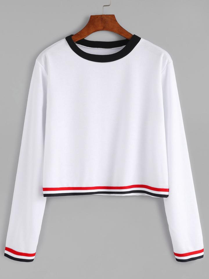Shein White Contrast Striped Long Sleeve T-shirt