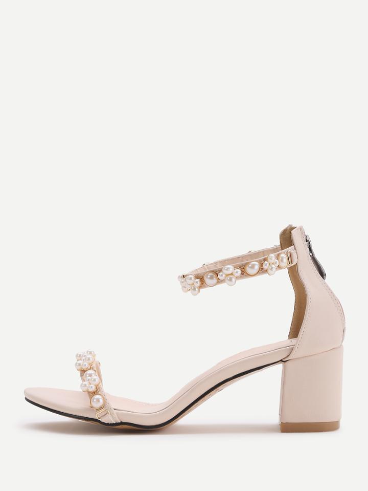 Shein Apricot Faux Pearl Two Part Block Heel Sandals
