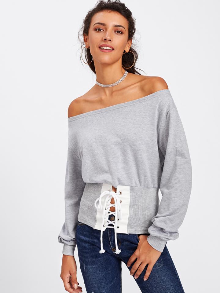 Shein Grommet Lace Up Waist Off Shoulder Top