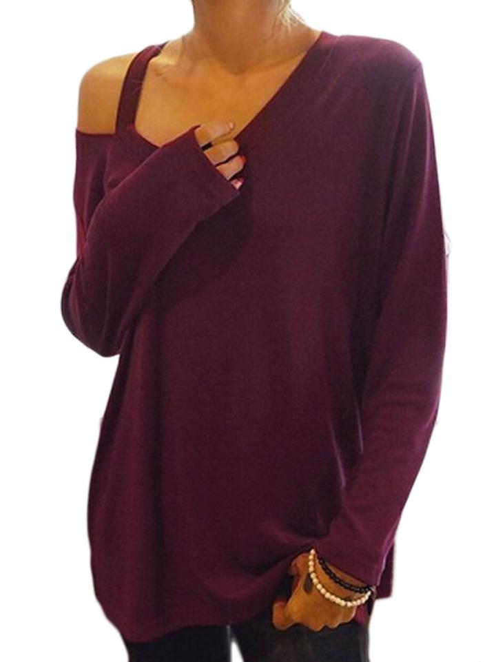 Shein Wine Red Asymmetrical Collar Loose T-shirt