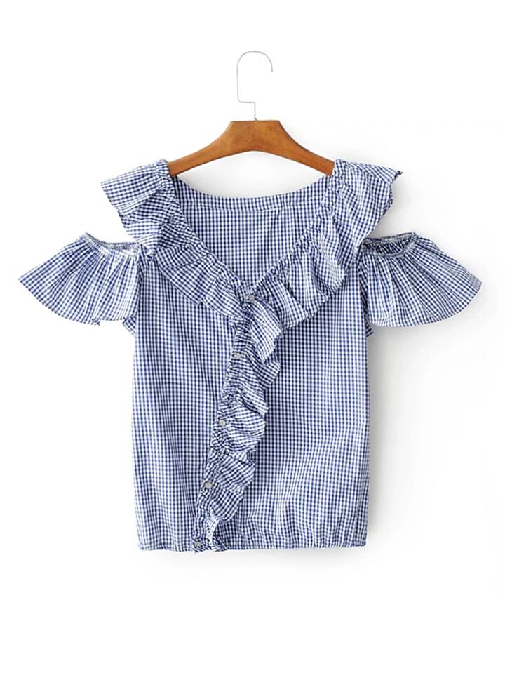 Shein Open Shoulder Frill Trim Asymmetric Placket Gingham Top