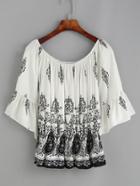 Shein White Bell Sleeve Tribal Print Shirred Top