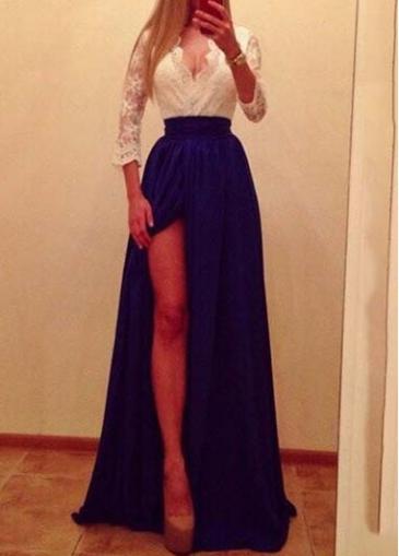 Rosewe Blue And White Lace Splicing Maxi Dress