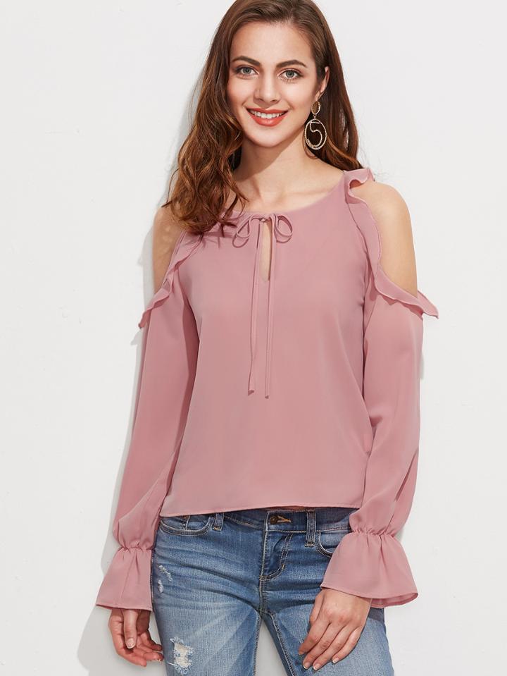 Shein Pink Open Shoulder Tie Neck Ruffle Trim Blouse