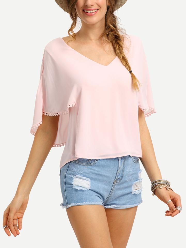 Shein Pom Pom Trimmed Layered Cutout Blouse