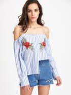 Shein Embroidered Rose Applique Buttoned Cuff Cold Shoulder Blouse