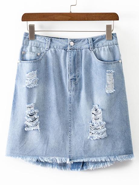Shein Blue Pockets Zipper Ripped Raw-edge Hem Skirt