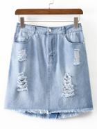 Shein Blue Pockets Zipper Ripped Raw-edge Hem Skirt