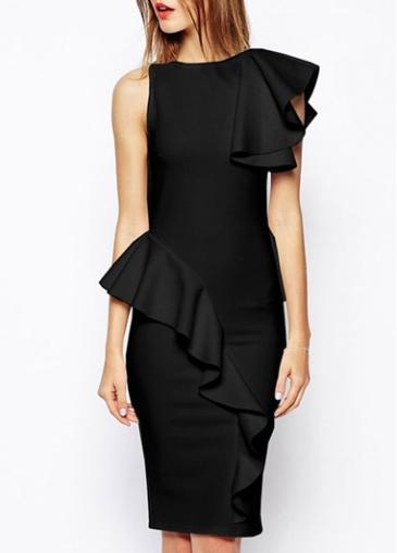 Rosewe Glamorous Ruffle Decorated Round Neck Knee Length Dress Black