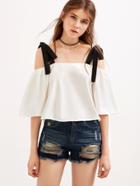 Shein White Cold Shoulder Contrast Bow Tie Top