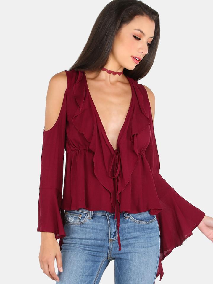 Shein Ruffled Cold Shoulder Sleeved Plunge Overlay Blouse Plum