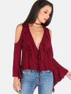 Shein Ruffled Cold Shoulder Sleeved Plunge Overlay Blouse Plum