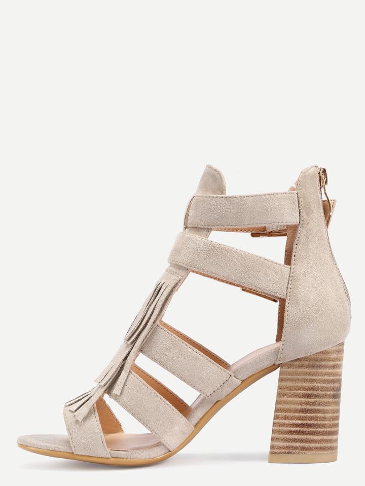 Shein Faux Suede Caged Cork Heel Sandals - Beige