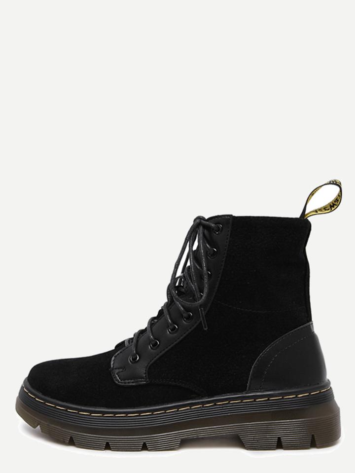 Shein Black Nubuck Leather Lace Up Rubber Sole Short Boots