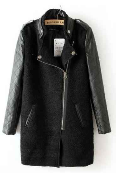 Shein Black Contrast Leather Quilted Sleeve Zipper Coat