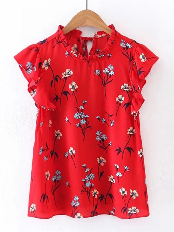Shein Floral Print Ruffle Trim Tie Back Top