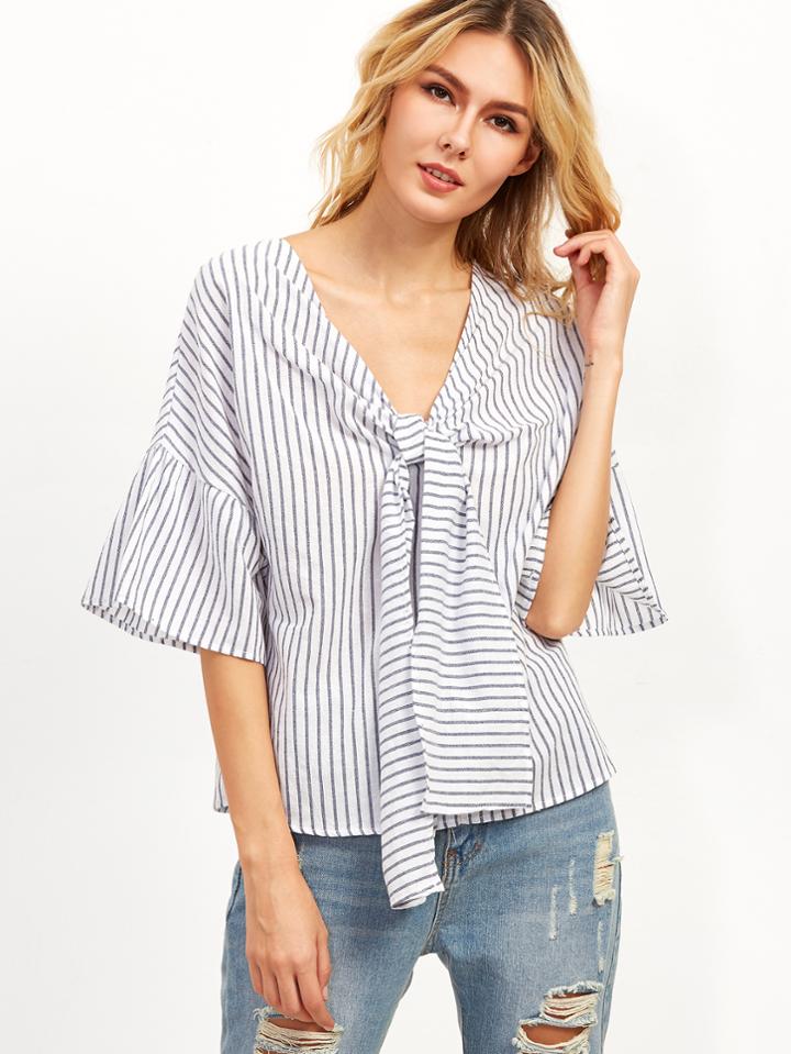 Shein Vertical Striped Tie Neck Blouse