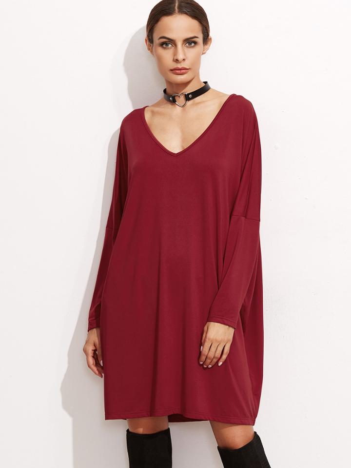 Shein Burgundy V Neck Drop Shoulder Seam Shift Dress