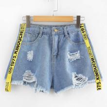 Shein Ribbon Letter Ripped Frayed Hem Denim Shorts