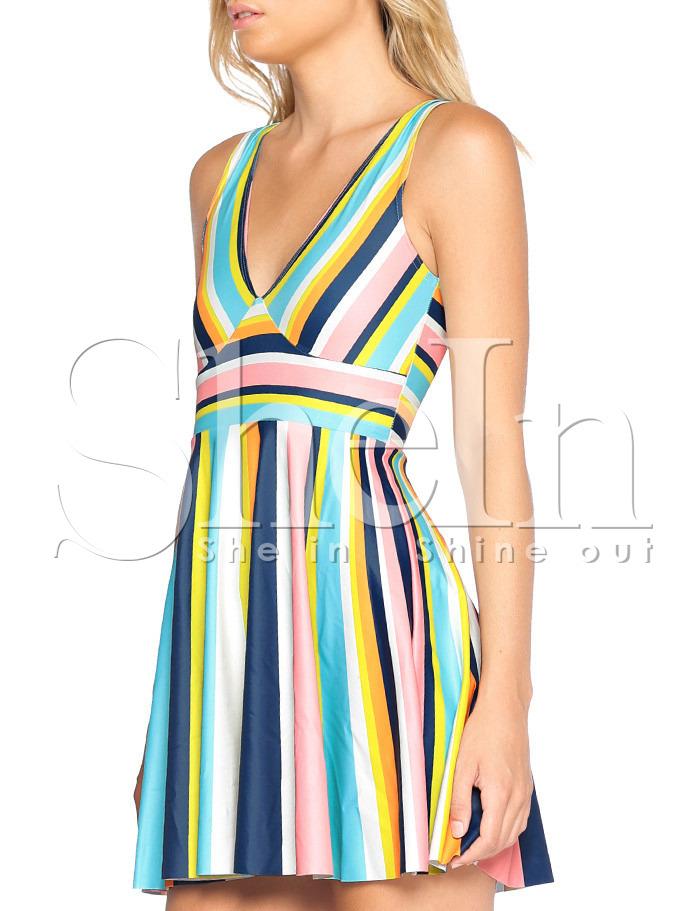 Shein Color-block Vertical Stripe V Neck Dress
