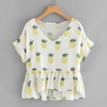 Shein Pineapple Print Pep Hem Blouse