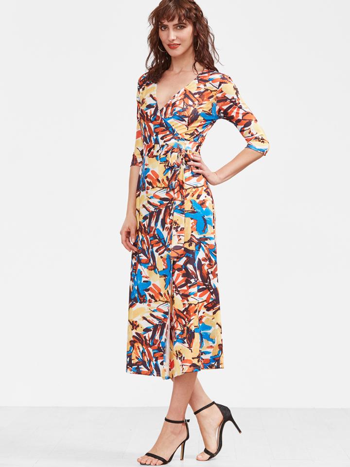 Shein Floral Print V Neck Wrap Dress