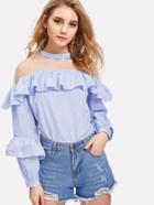 Shein Mesh Panel Striped Flounce Blouse