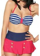 Rosewe Red Paned Skirts With Stripes Bra Women Swimwear