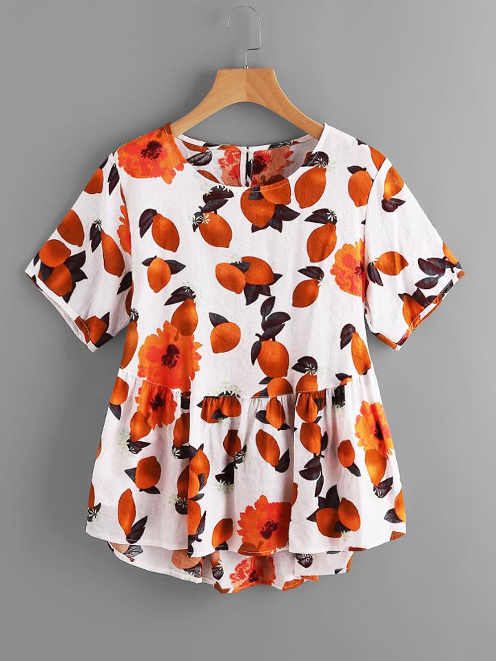 Shein Fruits Print Keyhole Back Dip Hem Smock Top