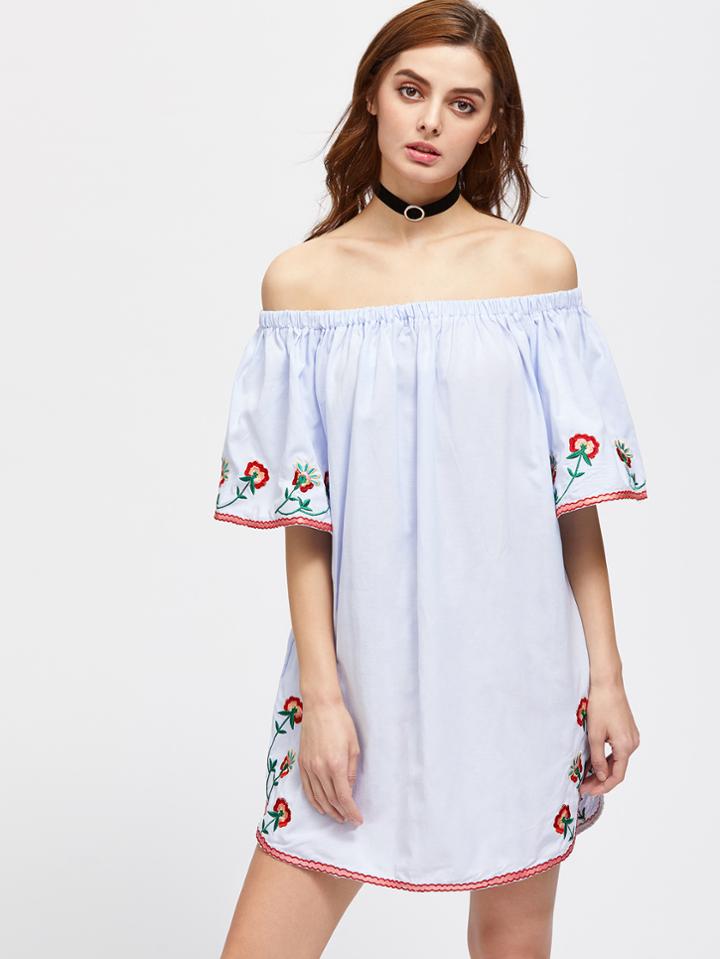Shein Flower Embroidered Dolphin Hem Bardot Dress
