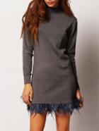 Shein Grey Mock Neck Feather Embellished Sweater Dress