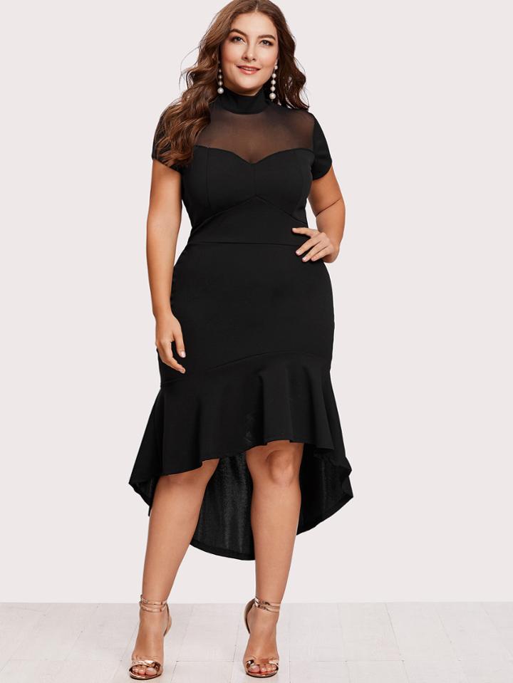 Shein Mesh Insert Frill Dip Hem Dress