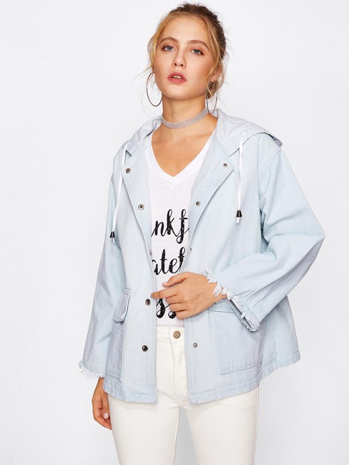 Shein Frayed Cuff Bleach Wash Hooded Denim Jacket