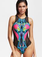Shein Graphic Print Zipper Detail Mesh Panel Swimsuit
