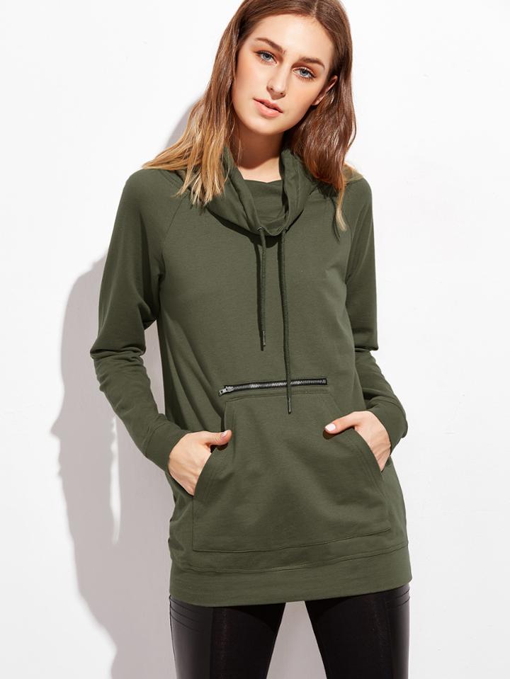 Shein Olive Green Funnel Neck Raglan Sleeve Sweatshirt