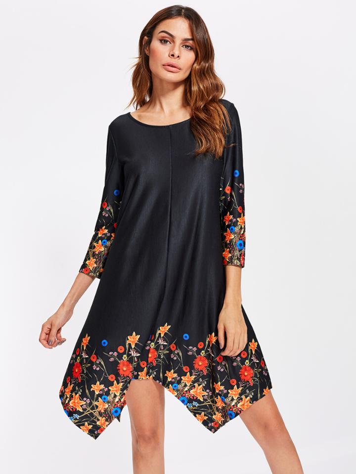 Shein Hanky Hem Botanical Swing Dress