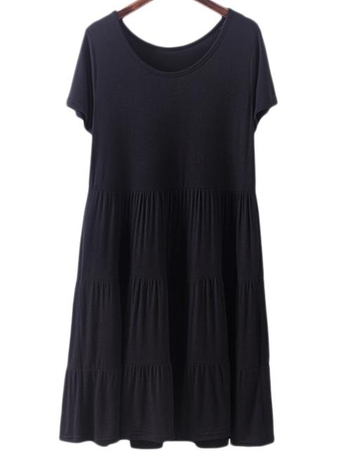 Shein Black Round Neck Short Sleeve Ruffle Hem Cake Dress